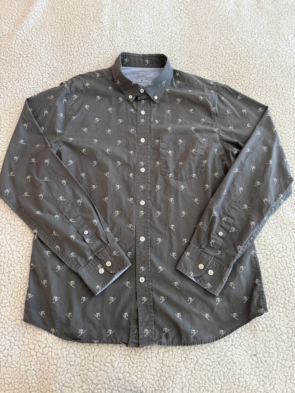 Banana Republic Charcoal Gray Button-Down Shirt with Small White Skier Print